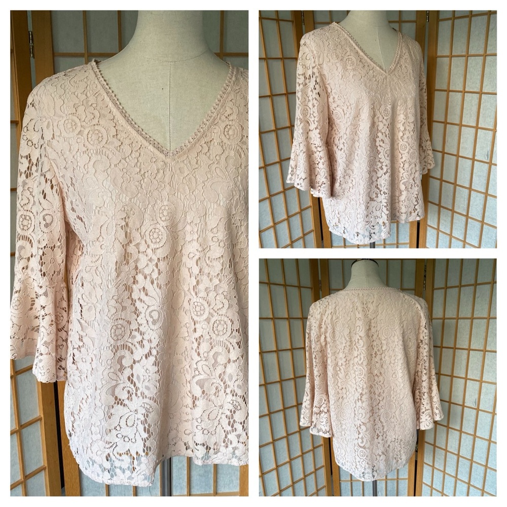 Loft Pink V Neck Feminine Lace Top SZ M